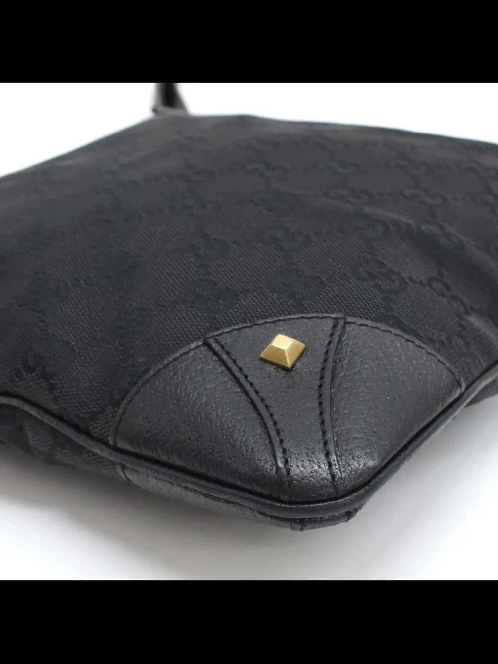 Gucci Black GG Canvas Messenger Bag with Gold Stud Accents